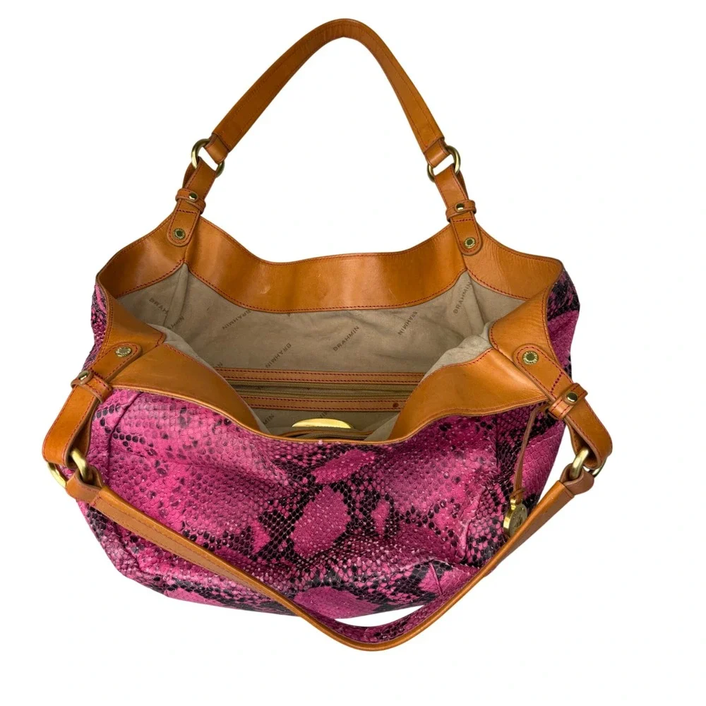 Brahmin Hot Pink Snake Embossed Leather Hobo Bag Y2K Boho Shoulder Purse Large